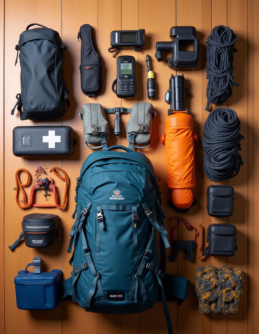 Professional hiking gear carefully organized