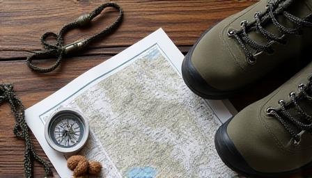 Close up of professional hiking gear and navigation tools