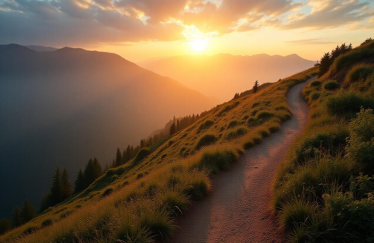 Panoramic view of a mountain trail at sunrise
