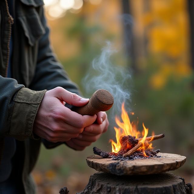 Instructor demonstrating friction fire lighting