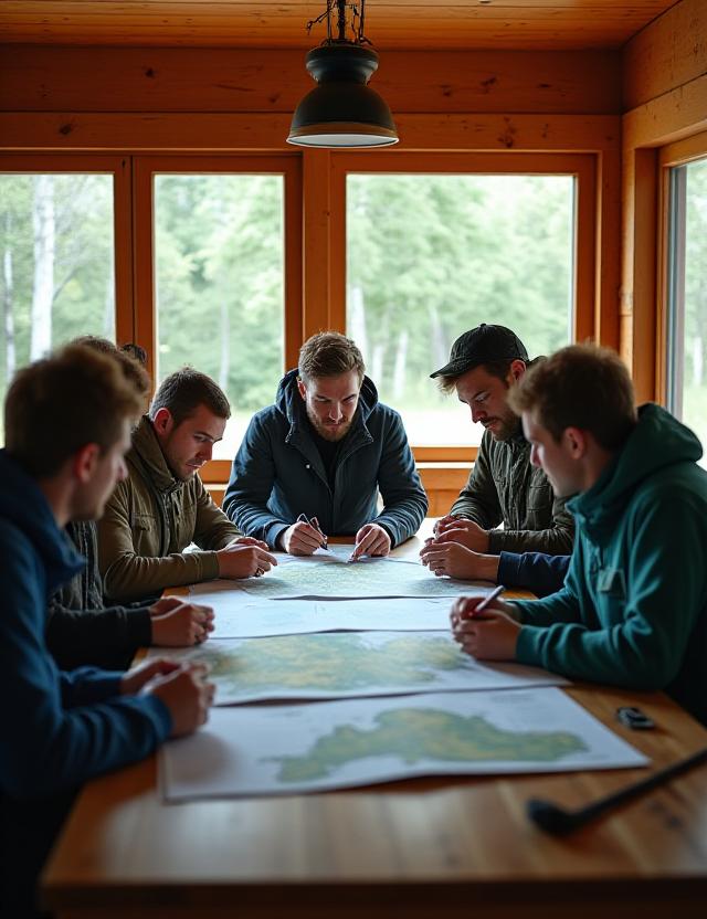 Team of Verdant Trails guides planning a hiking route in a rustic cabin